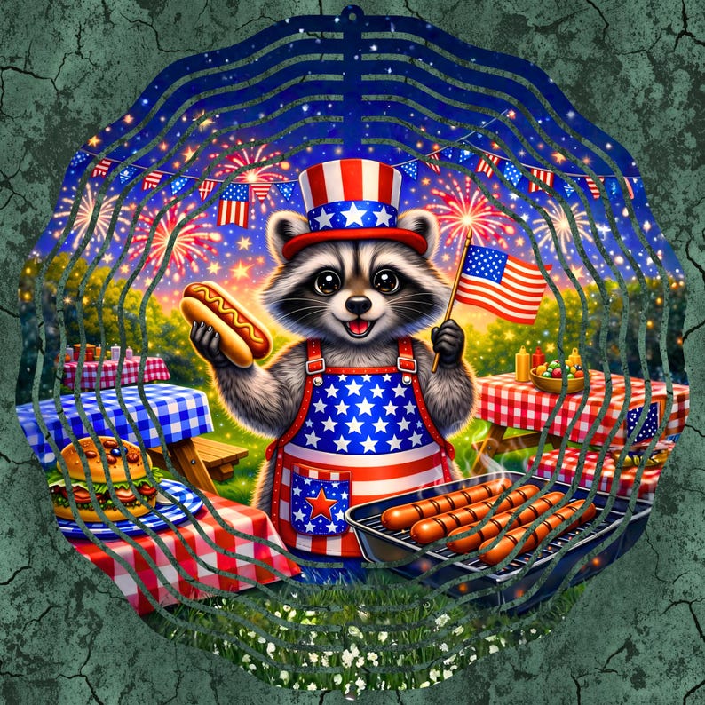 Mapache patriótico estadounidense, barbacoa, fuegos artificiales, EE. UU., molinillo de viento de 12 pulgadas, diseño de sublimación, descarga digital. imagen 6