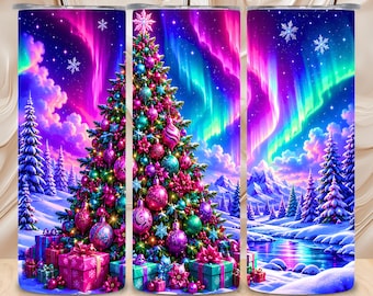 Diseño de sublimación sin costuras para vaso térmico de 20 oz con árbol de Navidad de auroras boreales, descarga digital, brillo neón, invierno.
