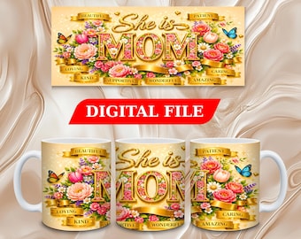 Ella es mamá. Taza de 11 y 15 oz con diseño floral para sublimación, descarga digital.
