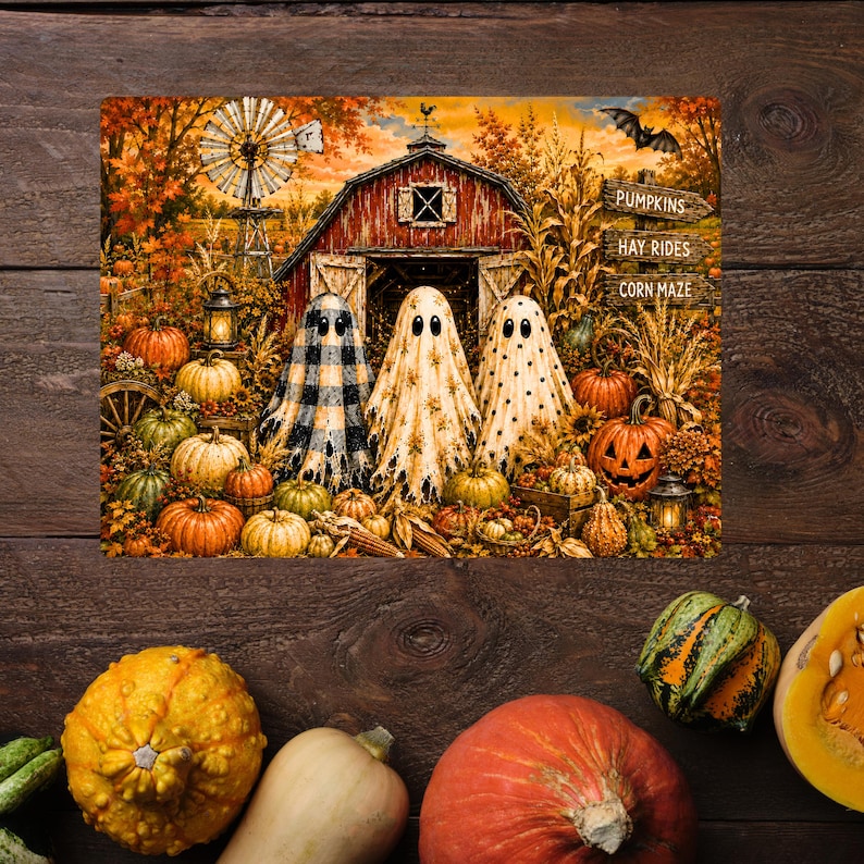 K&ouml;nnte beinhalten: Ein rechteckiges Metallschild mit einer herbstlichen Bauernhofszene und drei Geistern vor einer roten Scheune. Das Schild enth&auml;lt die Aufschriften PUMPKINS, HAY RIDES und CORN MAZE, umgeben von K&uuml;rbissen, Herbstlaub und einer Windm&uuml;hle.
