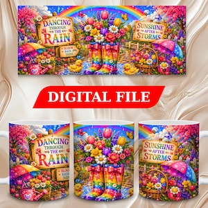 May include: A digital file and three white ceramic mugs featuring a colorful garden scene with rainbow-patterned rain boots filled with flowers, yellow ducklings, umbrellas, and signs that read Dancing Through The Rain and Sunshine After Storms.