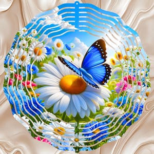 Design digital para sublimação de cata-vento de 30 cm com estampa floral de primavera, margaridas, borboletas azuis e acampamento.