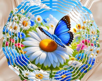 Molinillo de viento de 3,6 m con diseño de sublimación, diseño digital, diseño de mariposa azul y margaritas florales de primavera