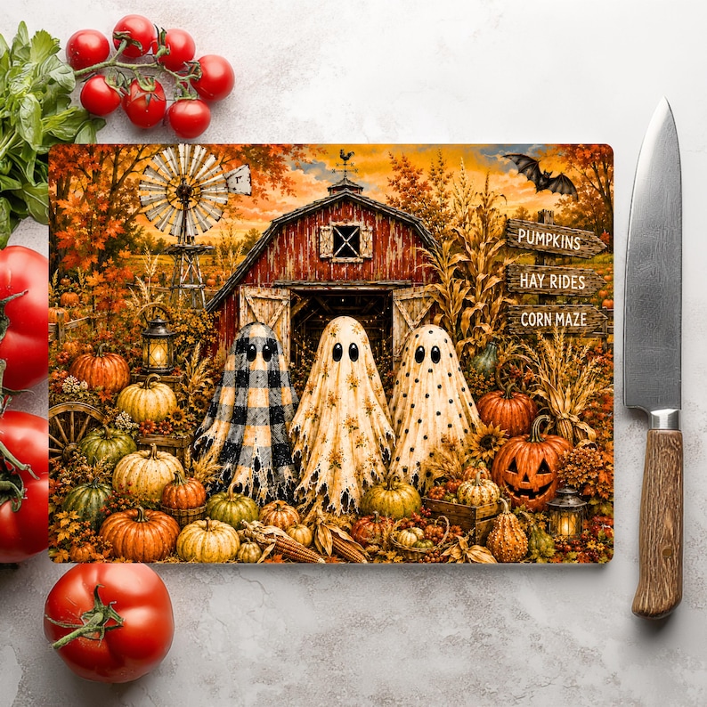 K&ouml;nnte beinhalten: Ein rechteckiges Schneidebrett mit einer herbstlichen Bauernhofszene, drei Geistern vor einer roten Scheune, einer Windm&uuml;hle und K&uuml;rbissen. Ein Holzschild tr&auml;gt die Aufschrift PUMPKINS, HAY RIDES und CORN MAZE. Umgeben von frischen Tomaten.