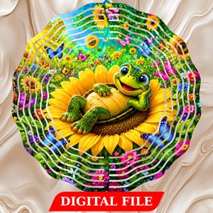 May include: A whimsical digital illustration of a smiling turtle resting on a sunflower. The turtle is green and yellow, surrounded by a vibrant garden scene with butterflies, sunflowers, and colorful flowers. The words "DIGITAL FILE" are at the bottom.