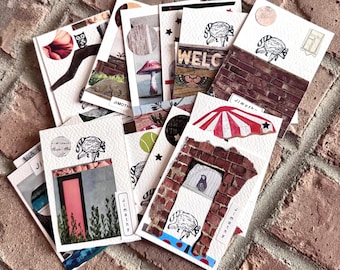 The Jimothy Collection - Tiny Worlds, 2.5x3.5 Original ACEO/ATC, Handmade Stamp Mixed Media Collage, Whimsical Raccoon Art, Miniature Scene