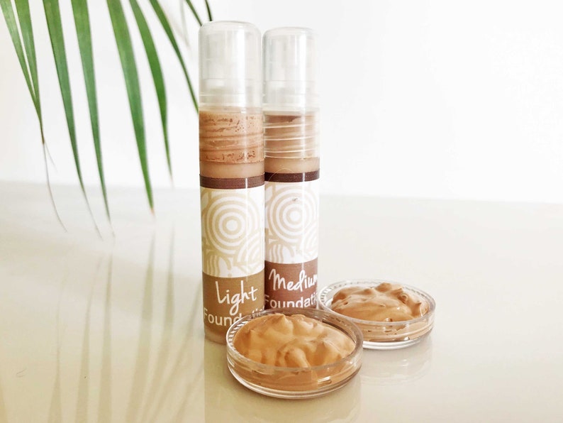 Two cream foundation samples, natural foundation makeup, mineral foundation, liquid foundation, light coverage makeup in light and medium image 2