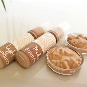 Two cream foundation samples, natural foundation makeup, mineral foundation, liquid foundation, light coverage makeup in light and medium image 1