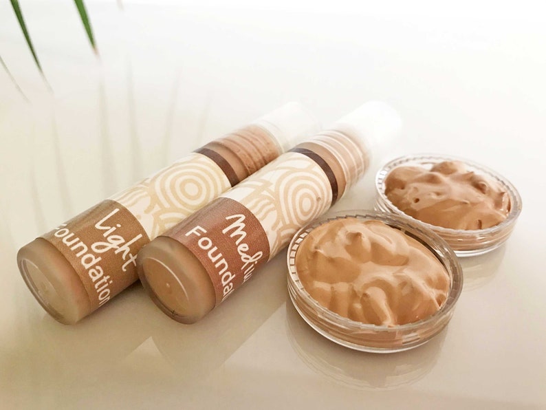 Two cream foundation samples, natural foundation makeup, mineral foundation, liquid foundation, light coverage makeup in light and medium image 1