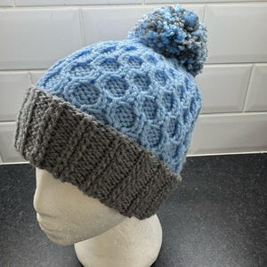 Hand-Knitted Blue & Gray Textured Beanie with Pom Pom - Adult