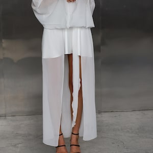 Bridal Getting Ready Dress Set • Sheer Long Robe with Satin Mini Dress • Bridesmaid Robe • Elegant Wedding Morning Outfit • Chic ivory dress