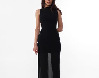 Black Sheer Maxi Dress – Sleek Sleeveless Evening Gown with Transparent Mesh Skirt
