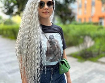Silver Grey Curly Synthetic Dreads: Boho Festival Hair Extensions
