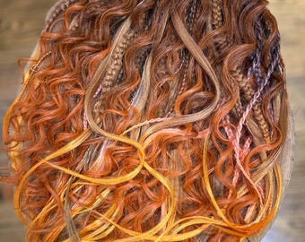 Ginger Ombre Dreadlocks, Curly Boho Hair Extensions, Auburn Orange Blonde Dreads, Long Wavy Synthetic Hair, Handmade Festival Hairstyle
