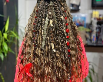 Boho DE Dreads Set Curly Ends, Brown Blonde Mix, Handmade Synthetic Dreadlocks, Festival Hair Extensions, Braided Dreads with Beads