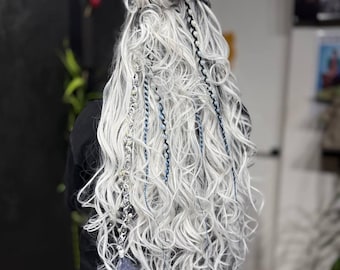 White Blonde Curly Dreadlocks, Silver Grey Hair Extensions, Long Wavy Synthetic Dreads, Elegant Boho Hairstyle, Handmade Aesthetic Hair