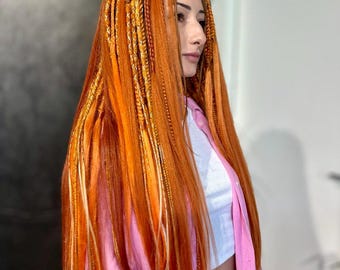 Set completo di dreadlocks sintetici lunghi e lisci color rame arancione, stile boho-chic per festival.