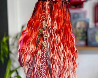 Red Ombre Curly Dreads: Boho Festival Hair Extensions, Tribal Hair Wraps
