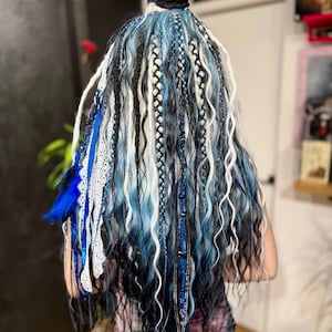 Boho Festival Blue Black White Dreads – Synthetic Crochet Dread Extensions with Braids and Feathers