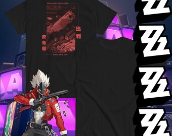 May include: Black t-shirts with a graphic design. One shirt features a red and black illustration with Japanese text and the words "ZENLESS ZONE ZERO." The other shirt is plain black. A character illustration is in the foreground.