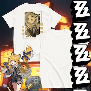 May include: White t-shirts with anime-style graphics. One shirt features a sepia-toned illustration of a character with Japanese text and the words "zenless zone zero." The other shirt is plain white.