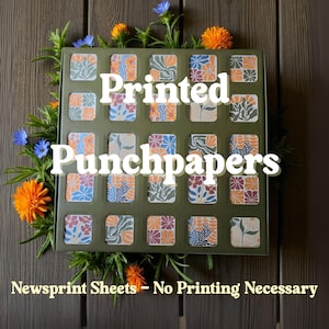 May include: A box of printed punch papers with various floral and geometric patterns in orange, blue, and purple. The text "Printed Punchpapers" is displayed on the box. The text "Newsprint Sheets - No Printing Necessary" is also visible. The box is surrounded by orange and blue flowers.