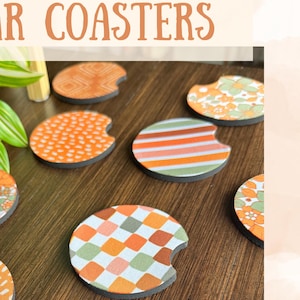 May include: Set of eight car coasters with various retro patterns in orange, green, and white. The coasters are round with a cut-out for a cup holder.