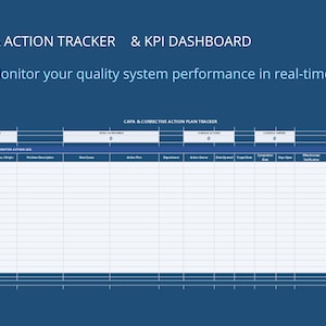 Op de afbeelding: Een digitaal CAPA Action Tracker & KPI Dashboard spreadsheet sjabloon op een donkerblauwe achtergrond. De lay-out bevat een koptekst met de tekst CAPA ACTION TRACKER & KPI DASHBOARD en een logtabel met kolommen voor het bijhouden van acties.