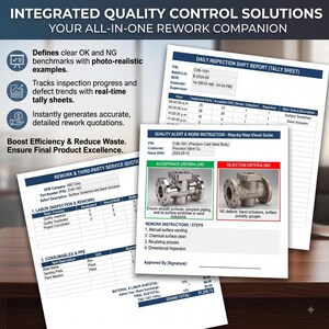 May include: A set of printed quality control documents featuring a daily inspection shift report, a rework and third-party service quotation, and a quality alert work instruction guide with photo-realistic examples of metal valve bodies.