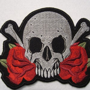 large Embroidered Skull and Roses Iron On Patch, Iron On Applique, Skull And Bones Patch, Iron On Patch