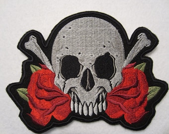 Large Embroidered Skull and Roses Iron On Patch, Applique