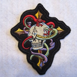 Embroidered Skull With Snakes And Cross Iron On Patch, Skull Patch, Snake Patch, Goth Patch, Iron On Patch, Skeleton Patch