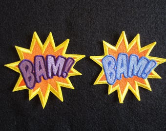 Embroidered Bam! Iron On Patch, Comic Book Super Hero