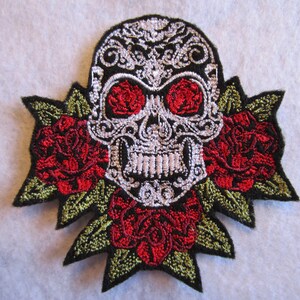 Embroidered Skull And Roses Iron On Patch, Iron On Patch, Skull And Roses Applique, Biker Patch, Goth Patch