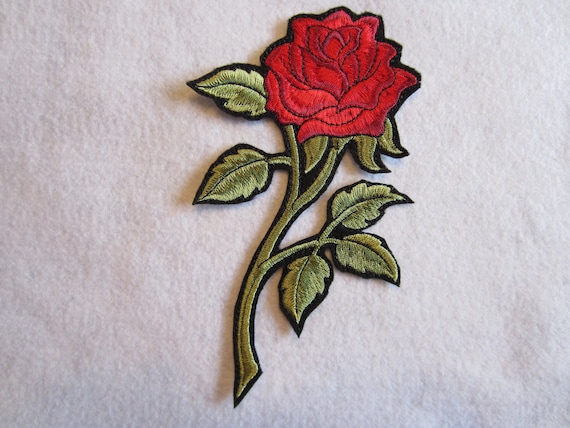 Set 2 Small 3-1//2 Red Rose Stem//Flower Iron on Applique//Embroidered Patch