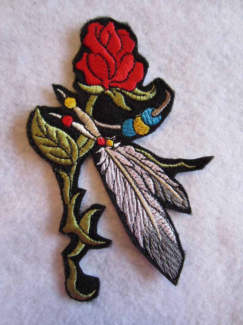 Southwest Patch Feather Patch, Southwestern Applique Embroidered Southwestern Rose And Feathers Iron On Patch Rose And Feather Patch