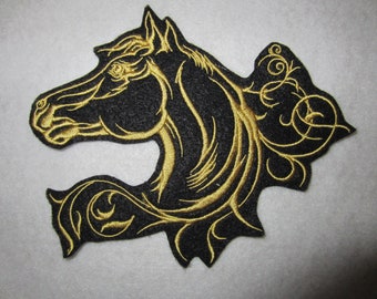 Embroidered Horse Head Iron On Patch, Gold Thread on Black Felt