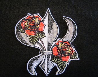 Embroidered Fleur De Lis Iron On Patch, Roses Applique
