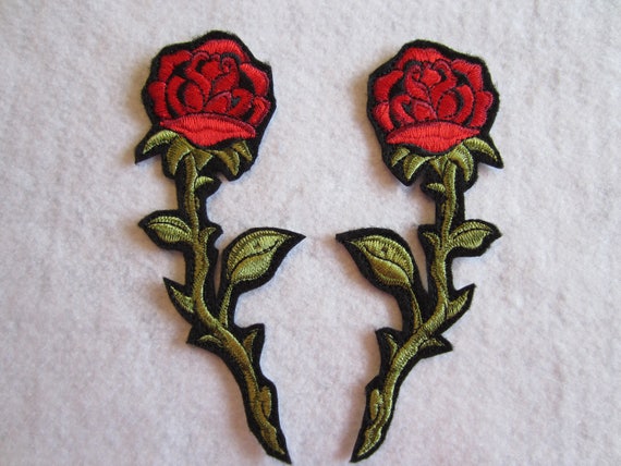 Pair of Embroidered Long Stem Roses Iron on Patches, Rose Patch, Rose  Applique, Iron on Patch 