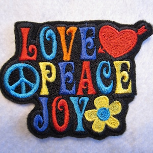 Embroidered Peace Love Joy Iron On Patch, Hippie Patch, Hippies, 60&#39;s Patch, Iron On Patch, Retro Patch, Iron On Applique