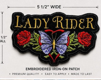 Lady Rider Embroidered Iron-On Motorcycle Patch, Women's Biker Patch, Motorcycle Jacket, Hat, Bag, and Vest Patch