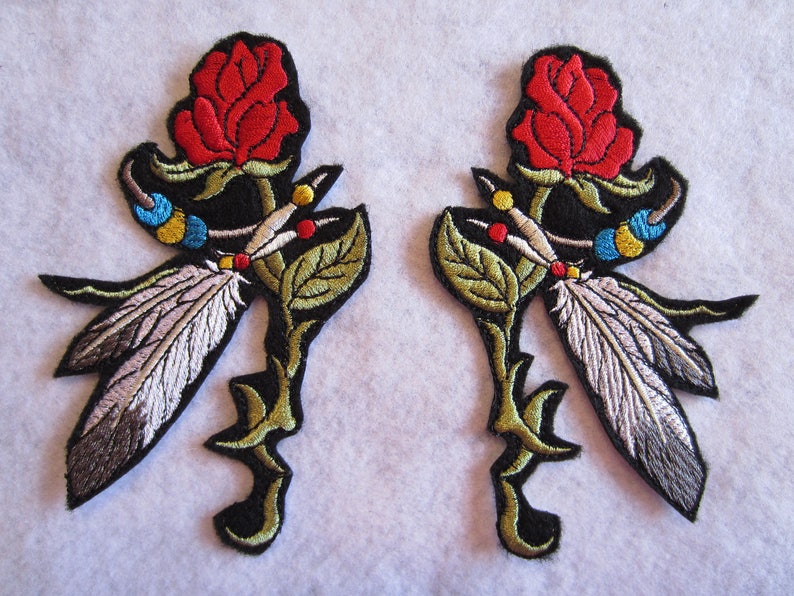 Southwest Patch Feather Patch, Southwestern Applique Embroidered Southwestern Rose And Feathers Iron On Patch Rose And Feather Patch