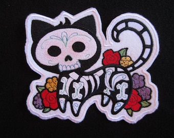 Large Embroidered Cat Skeleton Iron On Patch, Floral Applique