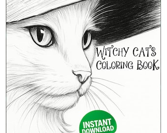 Peut inclure: Illustration en noir et blanc d'un chat portant un chapeau de sorcière, avec le texte "Witchy Cats Coloring Book". L'image comprend un autocollant "Édition Limitée" et un autocollant "Téléchargement Instantané", avec le texte "50+ Pages High-Quality Line Art".