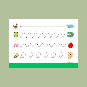 May include: A white activity sheet with colourful illustrations and dotted lines for tracing. The sheet features a duck, frog, worm, and bee, along with a pond, lily pad, apple, and flower. The text "Discover & Grow" is at the bottom.