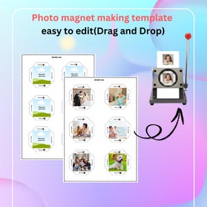 Może przedstawiać: Szablon do druku do tworzenia magnesów fotograficznych. Szablon zawiera osiem ośmiokątnych kształtów z tekstem "Wstaw swoje zdjęcie tutaj" i miejsce na dodanie zdjęcia. Szablon jest przeznaczony do użycia z maszyną do magnesów fotograficznych.
