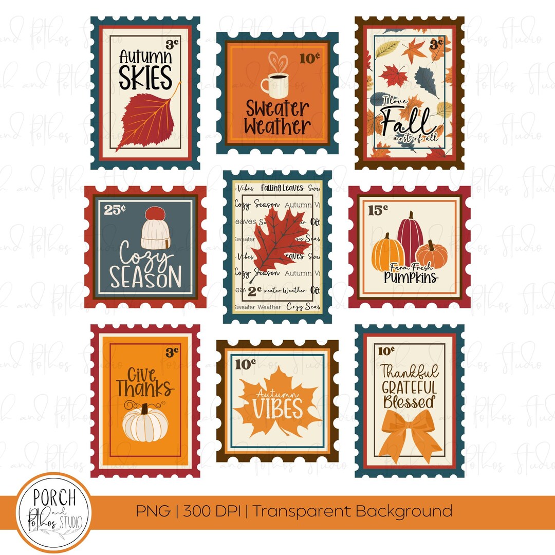 Vintage Autumn Stamp PNG Bundle: Cozy Fall Clipart (digital Download ...