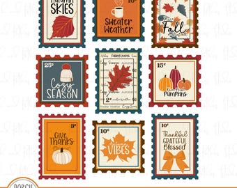 Vintage Autumn Stamp PNG Bundle: Cozy Fall Clipart (Digital Download)