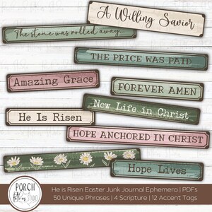 May include: A collection of vintage-style rectangular tags with inspirational phrases. The tags feature phrases like "Amazing Grace" and "Hope Lives" in various fonts and colors, including green, pink, and cream. Some tags have daisy accents.