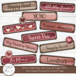 May include: A collection of rectangular and circular tags with romantic phrases in various colors. The tags feature phrases like "Happy Heart," "All My Love," and "Be Mine." The color palette includes shades of red, pink, and brown, with a distressed, vintage aesthetic.